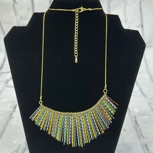 Enameled Brass Bib Reversible Necklace Fringe Feather Tribal Colorful Bohemian